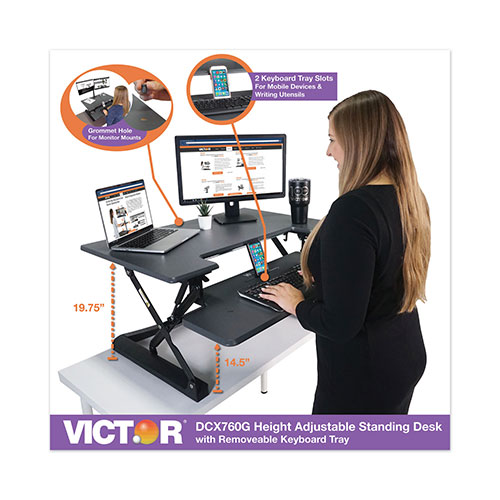 Victor High Rise Height Adjustable Standing Desk with Keyboard Tray, 36w x 31.25d x 20h, Gray/Black