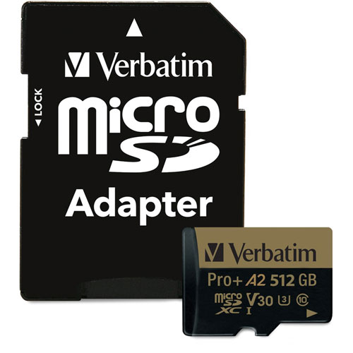Verbatim Pro+ 512 GB Class 10/UHS-I (U3) microSDXC - 1 Pack - 100 MB/s Read - 60 MB/s Write - 666x Memory Speed - Lifetime Warranty