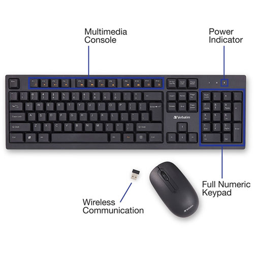 Verbatim Wireless Keyboard and Mouse - Wireless Wireless Mouse - 1000 dpi - Multimedia Hot Key(s) - Symmetrical - Compatible with Windows, Mac