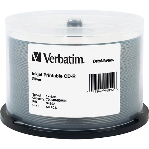 Verbatim CD-R Discs, Printable, 700MB/80min, 52x, Spindle, Silver, 50/Pack