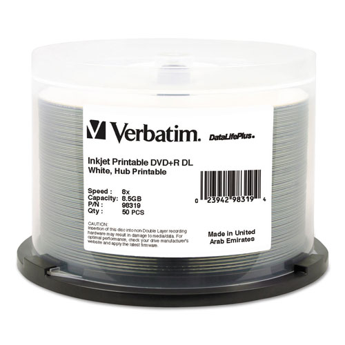 Verbatim DVD+R Dual Layer Recordable Disc, 8.5GB, 8X, Printable, Spindle, 50/Pk