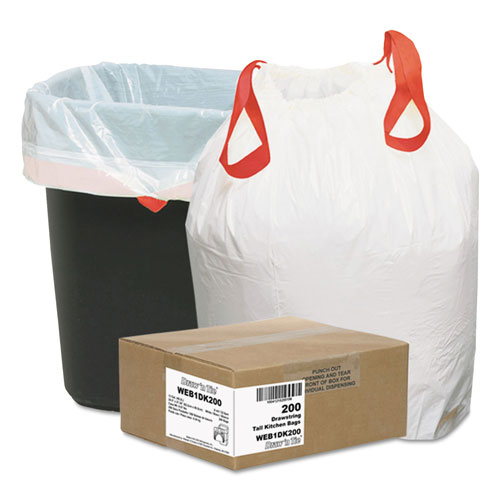 Webster Heavy-Duty Trash Bags, 13 gal, 0.9 mil, 24.5" x 27.38", White, 200/Box