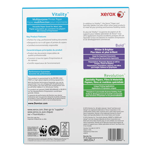 Xerox Vitality Multipurpose Print Paper, 92 Bright, 20lb, 8.5 x 11, White, 500/Ream