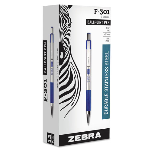 Zebra Pen F-301 Retractable Ballpoint Pen, 0.7 mm, Blue Ink, Stainless Steel/Blue Barrel