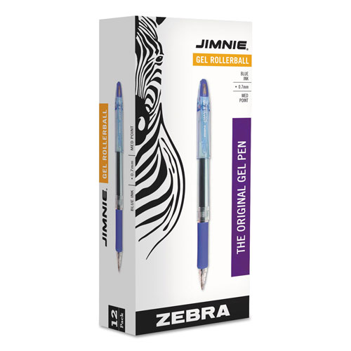 Zebra Pen Jimnie Stick Gel Pen, Medium 0.7mm, Blue Ink, Smoke Barrel, Dozen