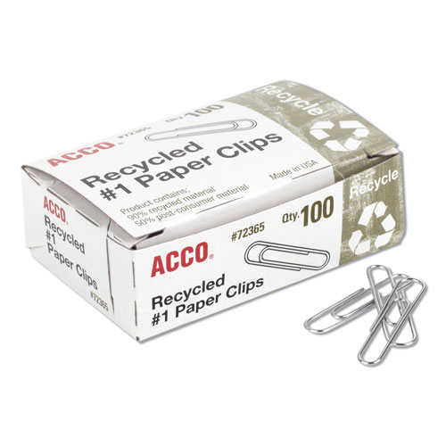 Acco Recycled Paper Clips, Medium (No. 1), Silver, 100/Box