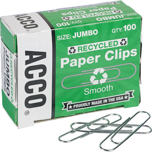 Acco Recycled Paper Clips, No 4, 1-13/23" Size Jumbo, 10PK.BX, SR