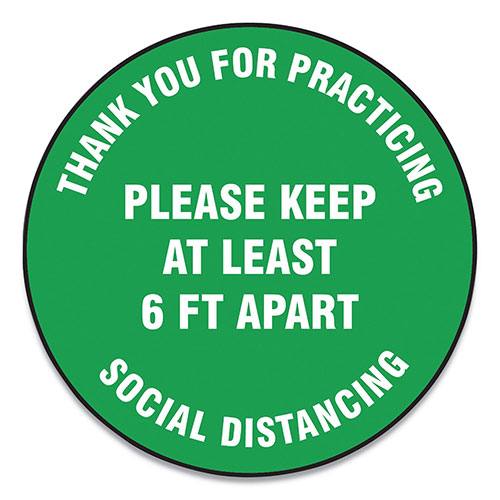 Accuform® Slip-Gard Floor Signs, 17" Circle, "Thank You For Practicing Social Distancing Please Keep At Least 6 Ft Apart", Green, 25/PK