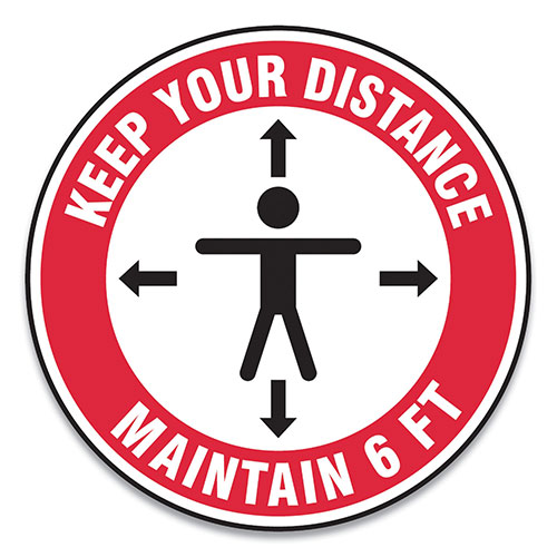 Accuform® Slip-Gard Social Distance Floor Signs, 17" Circle, "Keep Your Distance Maintain 6 Ft", Human/Arrows, Red/White, 25/Pack