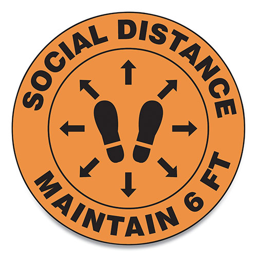 Accuform® Slip-Gard Social Distance Floor Signs, 12" Circle, "Social Distance Maintain 6 Ft", Footprint, Orange, 25/Pack