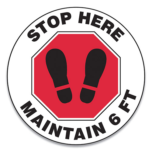 Accuform® Slip-Gard Social Distance Floor Signs, 12" Circle, "Stop Here Maintain 6 Ft", Footprint, Red/White, 25/Pack