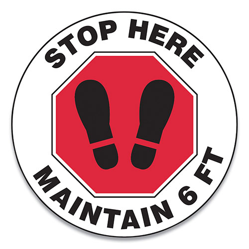 Accuform® Slip-Gard Social Distance Floor Signs, 17" Circle, "Stop Here Maintain 6 Ft", Footprint, Red/White, 25/Pack
