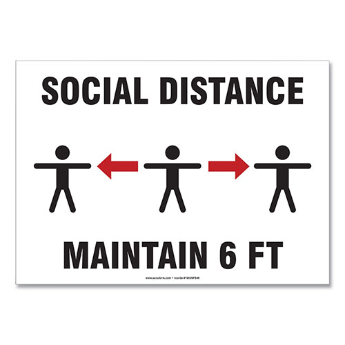 Accuform® Social Distance Signs, Wall, 10 x 7, "Social Distance Maintain 6 ft", 3 Humans/Arrows, White, 10/Pack