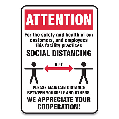 Accuform® Social Distance Signs, Wall, 10 x 7, Customers and Employees Distancing, Humans/Arrows, Red/White, 10/Pack