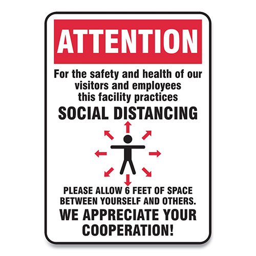 Accuform® Social Distance Signs, Wall, 14 x 10, Visitors and Employees Distancing, Humans/Arrows, Red/White, 10/Pack