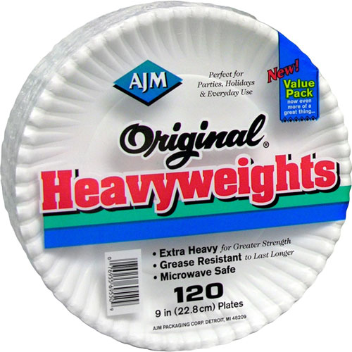 AJM Packaging Heavy-weight Paper Plates, 9", 120/PK, White