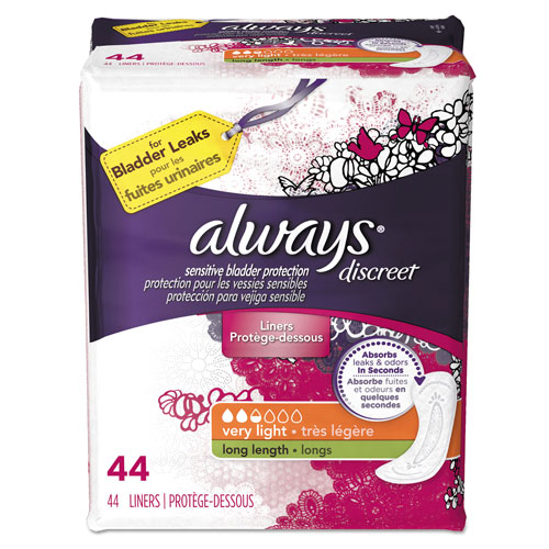 Always® Discreet Liners, Very Light, Long Length, 44 Per Box, 3/Case, 132 Total