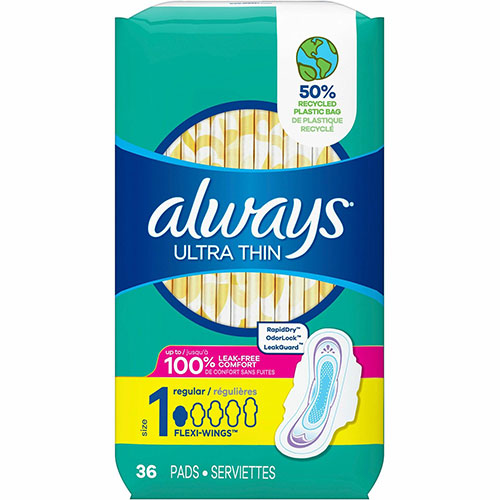 Always® Flexi-Wing Ultra Thin Pads, 136/Pack, 6/Carton, Anti-leak, Comfortable, Absorbent