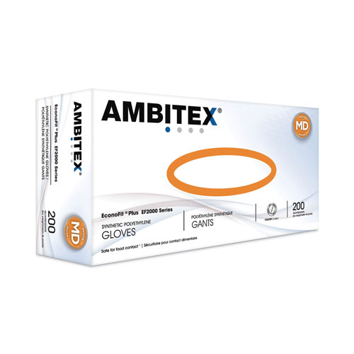 AMBITEX® EconoFit Plus Powder-Free Polyethylene Gloves, Medium, Clear, 200/Pack, 10 Packs/Carton