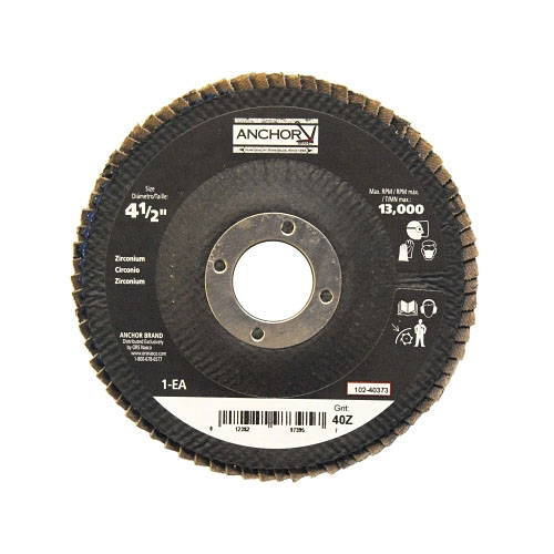 Anchor Abrasive High Density Flap Disc, 4-1/2 in Dia, 40 Grit, 7/8 in Arbor, 12,000 rpm