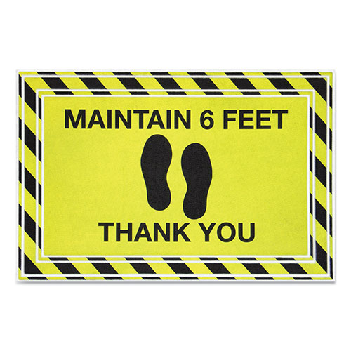 Apache Mills® Message Floor Mats, 24 x 36, Black/Yellow, "Maintain 6 Feet Thank You"