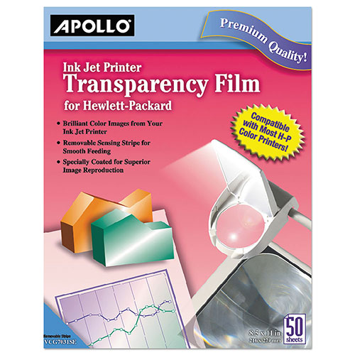 Apollo Quick-Dry Color Inkjet Transparency Film w/Handling Strip, Letter, Clear, 50/Box