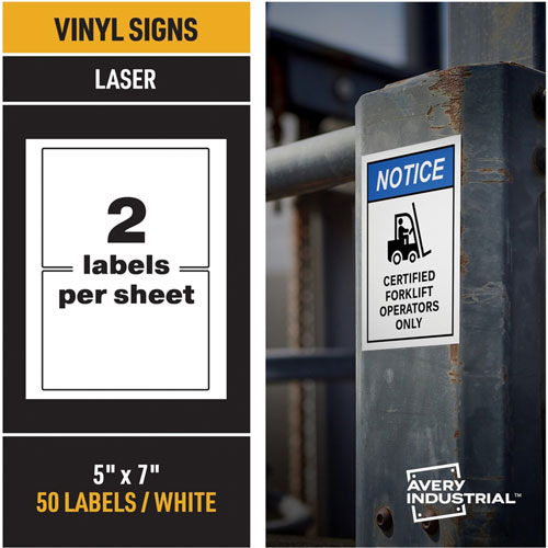 Avery Adhesive Printable Vinyl Signs, 5" x 7" Length, 2 / Sheet, 25 Total Sheets, 50 Labels