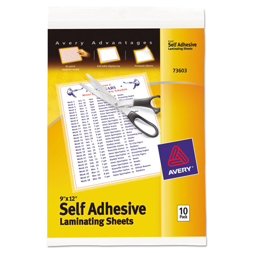 Avery Clear Self-Adhesive Laminating Sheets, 3 mil, 9" x 12", Matte Clear, 10/Pack