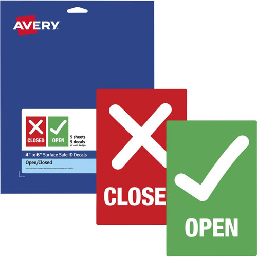Avery Decal,"Open/Closed" ,F/Table/Chair,4"X6" ,10/Pk,Rd/Gn