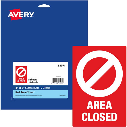 Avery Decal, "Area Closed" , F/Table/Chair, 4"X6" , 10/Pk, Red