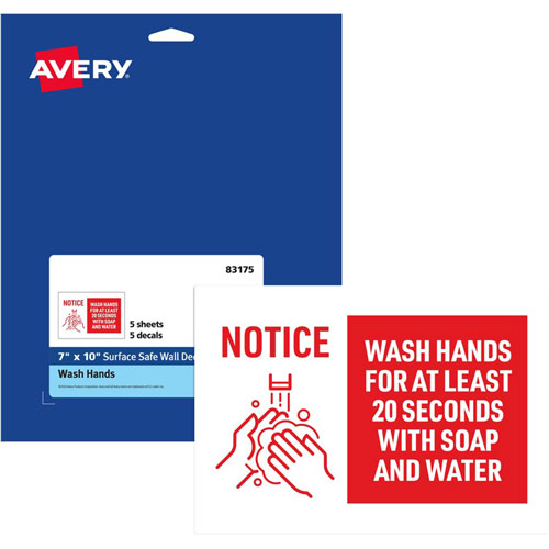 Avery Decal,"Wash Hands For 20 Seconds,Wall,7"X10" ,5/Pk,We