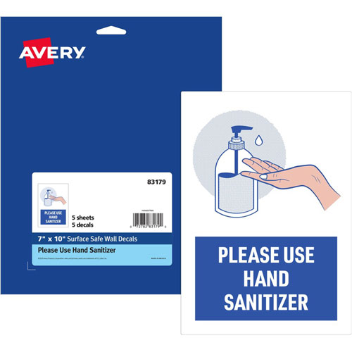Avery Decal,"Please Use Hand Sanitizer" ,Wall,7"X10" ,5/Pk,We