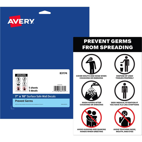 Avery Decals, "Prevents Germs Spreading" ,Wall,7"X10" ,5/Pk,We