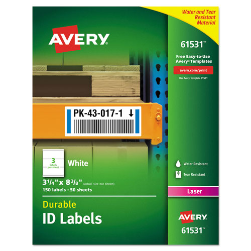 Avery Durable Permanent ID Labels with TrueBlock Technology, Laser Printers, 3.25 x 8.38, White, 3/Sheet, 50 Sheets/Pack