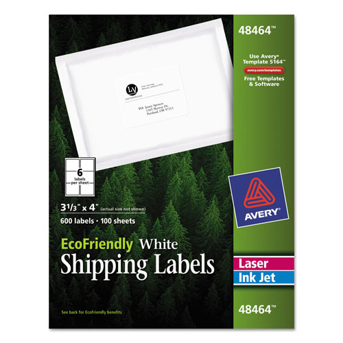 Avery EcoFriendly Mailing Labels, Inkjet/Laser Printers, 3.33 x 4, White, 6/Sheet, 100 Sheets/Pack
