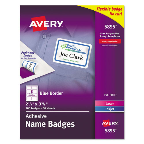 Avery Flexible Adhesive Name Badge Labels, 3.38 x 2.33, White/Blue Border, 400/Box