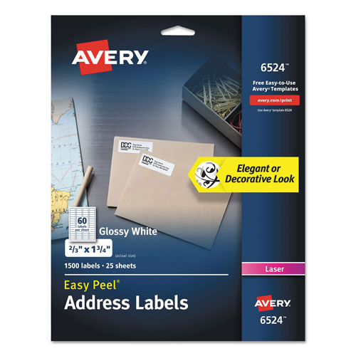 Avery Glossy White Easy Peel Mailing Labels w/ Sure Feed Technology, Laser Printers, 0.66 x 1.75, White, 60/Sheet, 25 Sheets/Pack