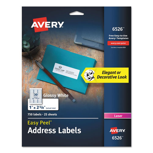 Avery Glossy White Easy Peel Mailing Labels w/ Sure Feed Technology, Laser Printers, 1 x 2.63, White, 30/Sheet, 25 Sheets/Pack