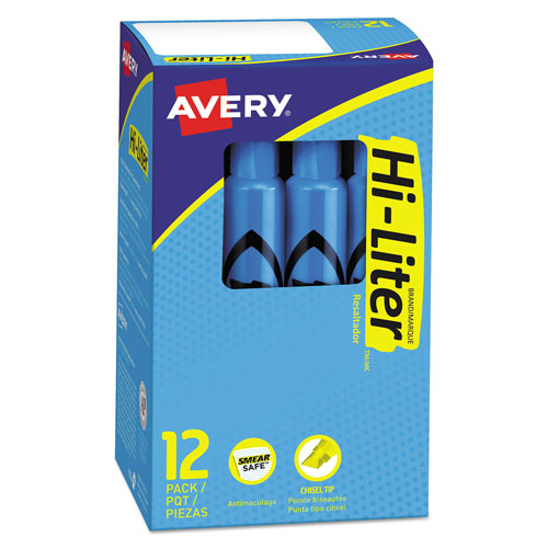 Avery HI-LITER Desk-Style Highlighters, Chisel Tip, Fluorescent Blue, Dozen