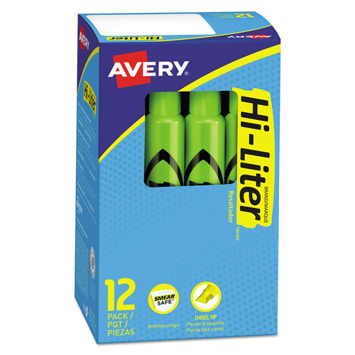 Avery HI-LITER Desk-Style Highlighters, Chisel Tip, Fluorescent Green, Dozen