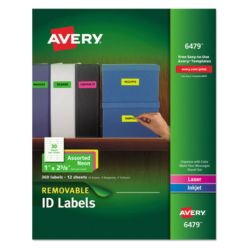 Avery High-Vis Removable Laser/Inkjet ID Labels w/ Sure Feed, 1 x 2 5/8, Neon, 360/PK