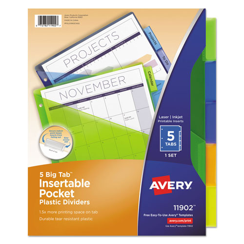 Avery Insertable Big Tab Plastic 1-Pocket Dividers, 5-Tab, 11.13 x 9.25, Assorted, 1 Set