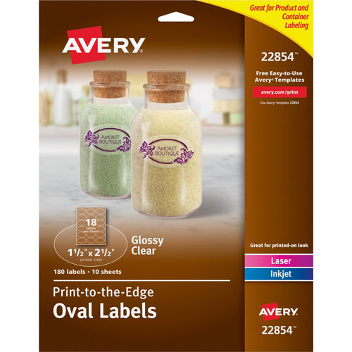 Avery Oval Labels , 10/sheet, Laser/Inkjet, 1-1/2" x 2-1/2", 180/PK, Glossy Clear