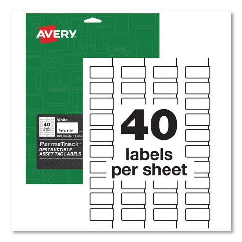 Avery PermaTrack Destructible Asset Tag Labels, Laser Printers, 0.75 x 1.5, White, 40/Sheet, 8 Sheets/Pack