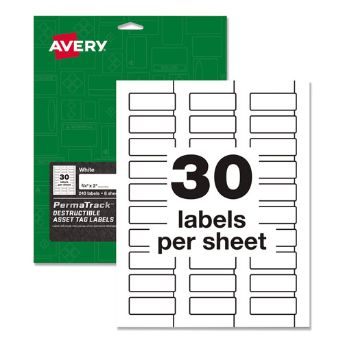 Avery PermaTrack Destructible Asset Tag Labels, Laser Printers, 0.75 x 2, White, 30/Sheet, 8 Sheets/Pack