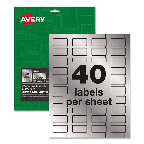 Avery PermaTrack Metallic Asset Tag Labels, Laser Printers, 0.75 x 1.5, Metallic Silver, 40/Sheet, 8 Sheets/Pack