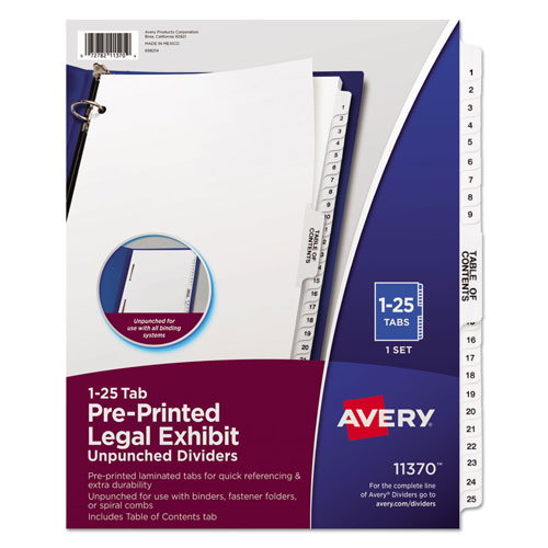 Avery Preprinted Legal Exhibit Side Tab Index Dividers, Avery Style, 25-Tab, 1 to 25, 11 x 8.5, White, 1 Set