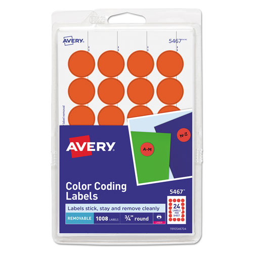 Avery Printable Self-Adhesive Removable Color-Coding Labels, 0.75" dia., Neon Red, 24/Sheet, 42 Sheets/Pack