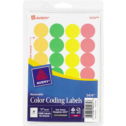 Avery Removable Labels, 3/4" Round, FLGN/OR/RD/YW