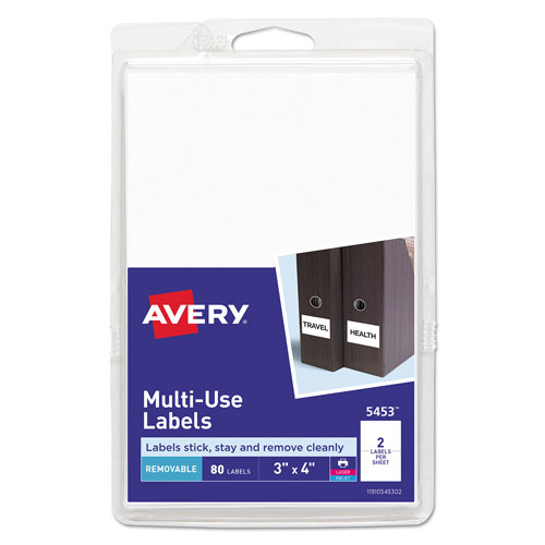 Avery Removable Multi-Use Labels, Inkjet/Laser Printers, 3 x 4, White, 2/Sheet, 40 Sheets/Pack